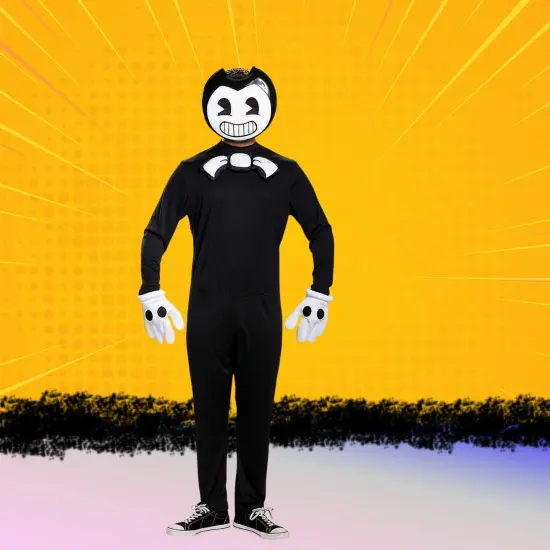 Classic Bendy Teen adult Costume Black Jumpsuit with Mask and Gloves Set Black/White {4}