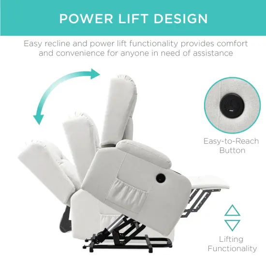 Best Choice Products Electric Power Lift Linen Recliner Massage Chair Furniture w/ USB Port, Heat, Cupholders Ivory {3}