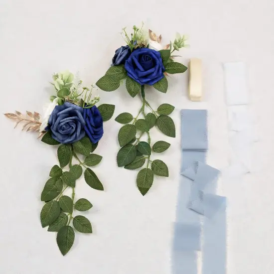 Chair Decorations Party Decor with Artificial Flowers Eucalyptus and Ribbons Blue {4}