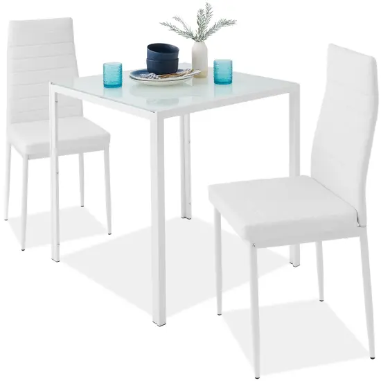 Best Choice Products 3-Piece Kitchen Dining Table Set w/ Glass Tabletop, 2 PU Leather Chairs White {1}