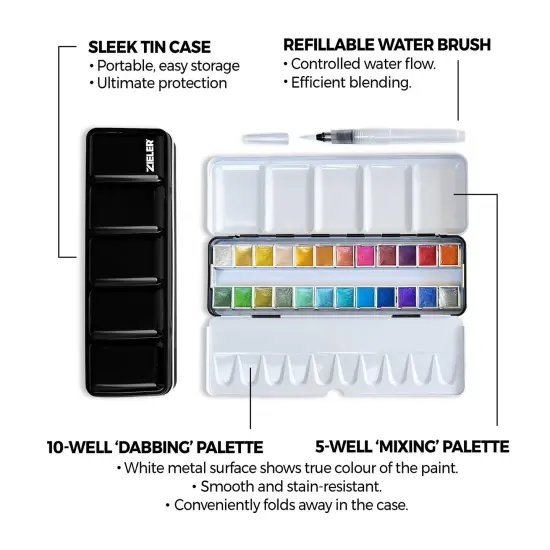 24 Metallic Half Pan Watercolour Metal Tin Set with Water Brush {2}