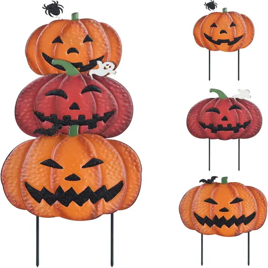 Halloween Decorations: 34" Garden Stakes with 3 Pumpkins & Jack O Lantern - Red {1}