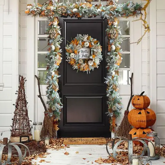 Thanksgiving Fall Wreath Eucalyptus Berries Pumpkins Lamb Ears Leaves Pumpkin Garland {2}