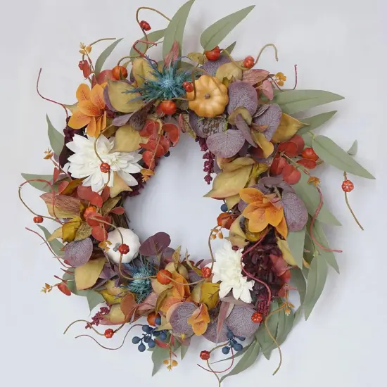 Autumn Wreath with Pumpkins, Silk Leaves & Purple Flowers Autumn - Fall Wreath {5}