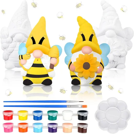 2 Sets Ready to Paint Your Own Bee Gnome Statues DIY Ceramics Bee Gnomes Set Sunflower Garden {6}