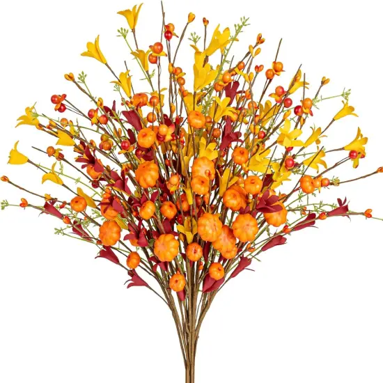 12 Pack Fall Flowers Orange Red Fall Floral Stems with Forsythia Pumpkins and Berries {1}
