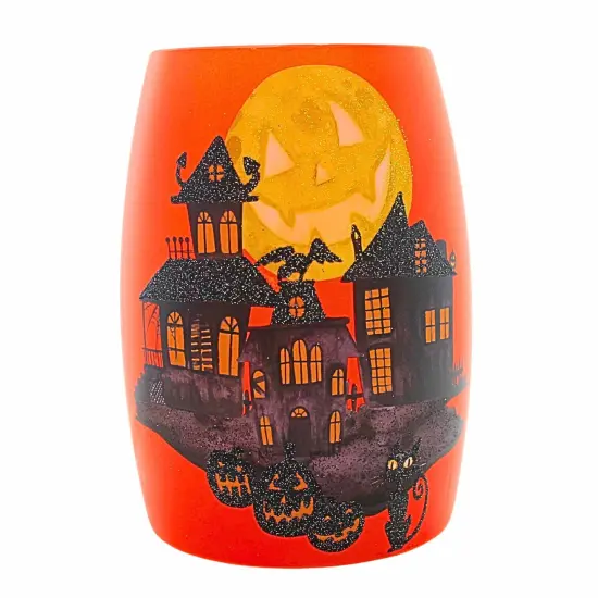 Stony Creek 5.5 Inch Spooky Neighborhood Pre-Lit Small Vase Halloween Lighted Glass Accent , Halloween Decor Halloween Haunted House Moon MULTI {3}