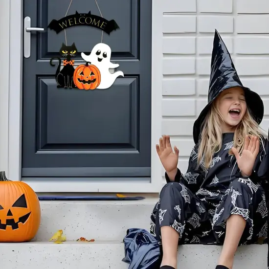 Halloween Decoration Wooden Ghost Door Wreath - Cat Pumpkin {4}