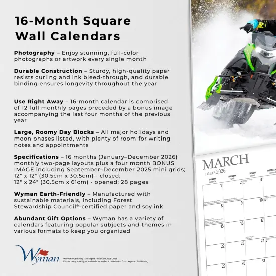 Snowmobiling | 2026 12 x 24 Inch (Hanging) Monthly Square Wall Calendar {6}