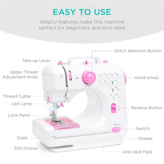 Best Choice Products 6V Portable Sewing Machine, 42-Piece Beginners Kit w/ 12 Stitch Patterns Pink/White {4}