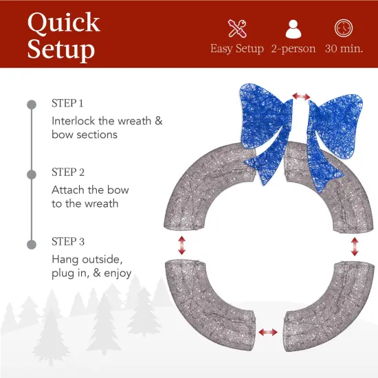 Best Choice Products 36in Pre-Lit Outdoor Christmas Wreath, LED Metal Holiday Décor w/ 120 Lights, Bow Silver/Blue {4}