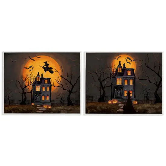Haunted Houses with Moon 2pc Framed Giclee Art Set Black {6}