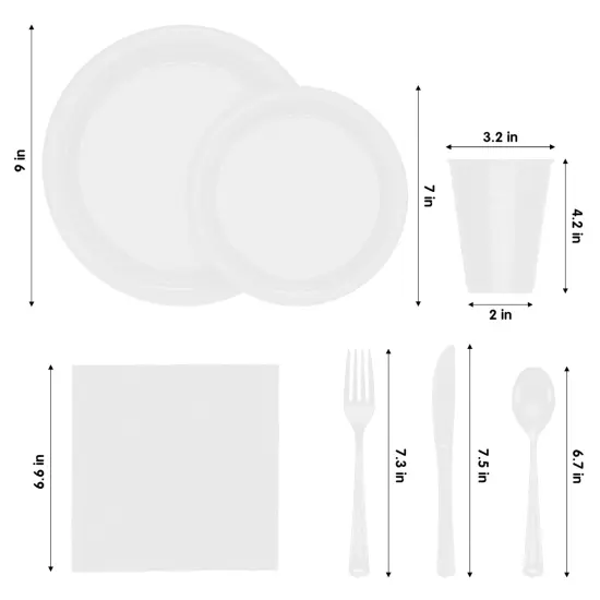 Exquisite 182 Pcs Plastic Plates for Party &ndash; Disposable Plates Set &ndash; 26 Each of 9" Dinner Plates, 7" Dessert Plates, Plastic Cups, Napkins & Plastic Cutlery &ndash; Plastic Dinnerware by Party Solids White {2}