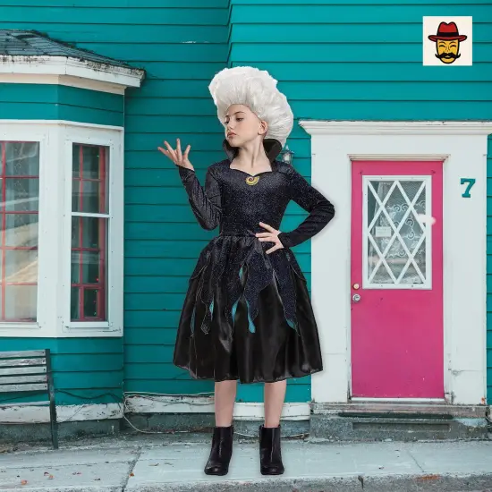 Kids Classic Little Mermaid Ursula Costume Black Velvety Dress Glitter Bodice Tentacle Skirt {2}