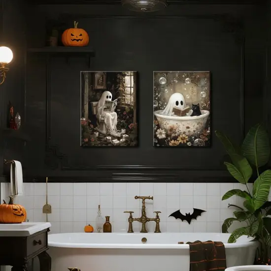 Set of 2 Halloween Ghost Bathroom Wall Art - 12x16 Inch (Framed) {5}