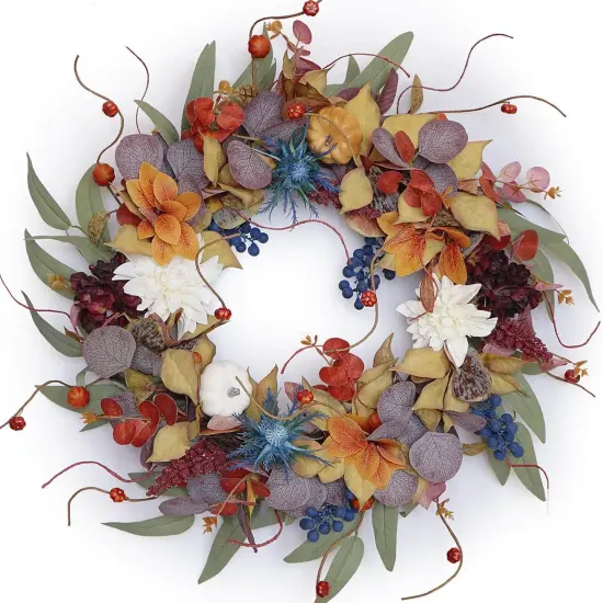 Autumn Wreath with Pumpkins, Silk Leaves & Purple Flowers Autumn - Fall Wreath {6}