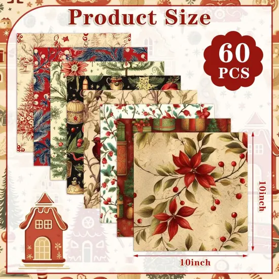 60 Pcs 10 x 10 Inch Vintage Christmas Quilting Fabric Rustic Christmas Fat {2}