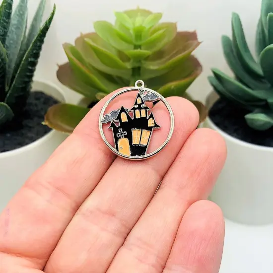 Enamel Haunted House Halloween Charms, 24x22mm {2}
