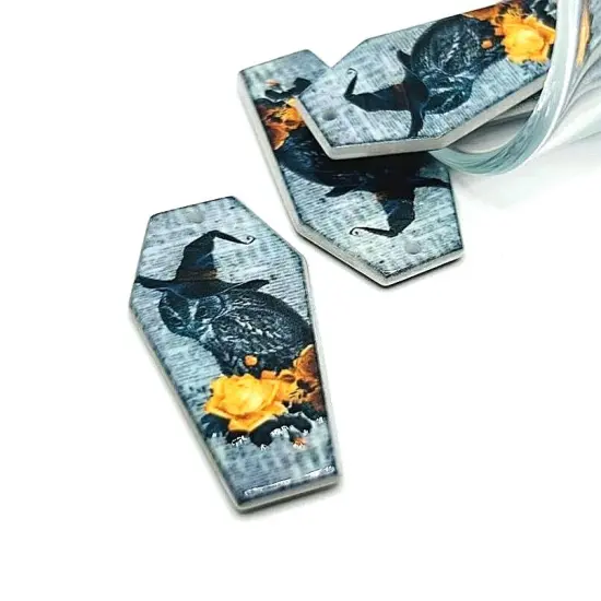 Fall/Autumn Coffin Owl in Witch Hat Charms, 41x21mm {1}