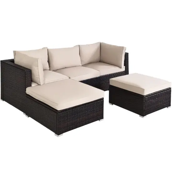 5 Pieces Patio Sectional Rattan Furniture Set with Ottoman Table Navy {9}