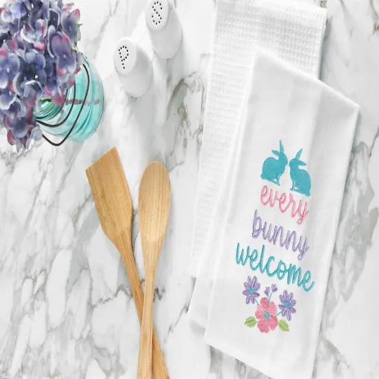 "Every Bunny Welcome" Spring Easter Rabbit Embroidered Cotton Flour Sack Kitchen Dishtowel {4}