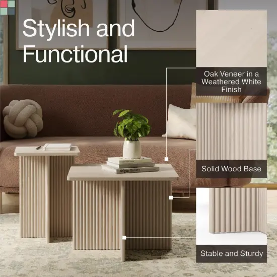 Stead Square Fluted Nesting Coffee Tables, 2 Piece Coffee Table Set, Modern Drink Desk for Living Room, Modern Home Decor, Solid Wood Base and Wood Grain Veneer Top (Weathered White) {5}