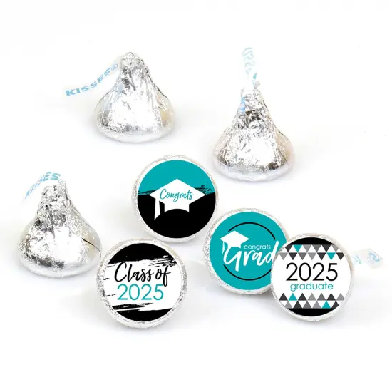 Big Dot of Happiness 2025 Teal Graduation Party Round Candy Sticker Favors - Labels Fits Chocolate Candy (1 Sheet of 108) {1}
