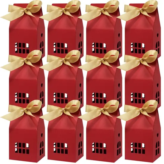 Wrapables House Shaped Gift Boxes with Ribbons for Weddings, Housewarming, Cookies, Candies, Treats, Party Favors (Set of 12), Red {1}
