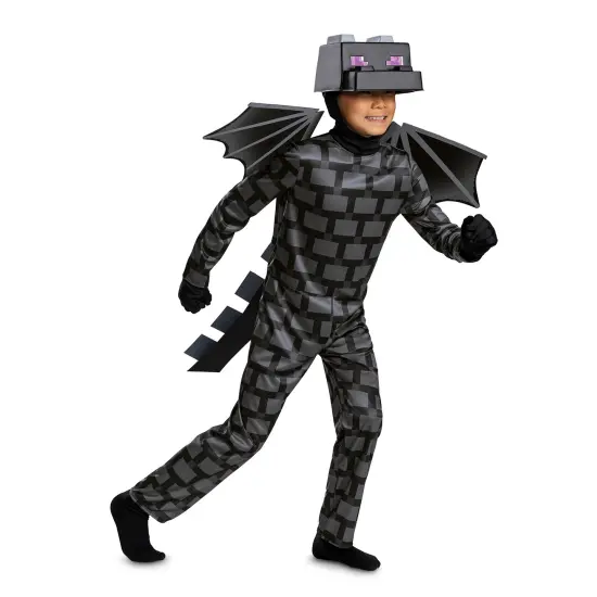 Kids Deluxe Minecraft Ender Dragon Costume Black Jumpsuit Wings Hood Large {1}