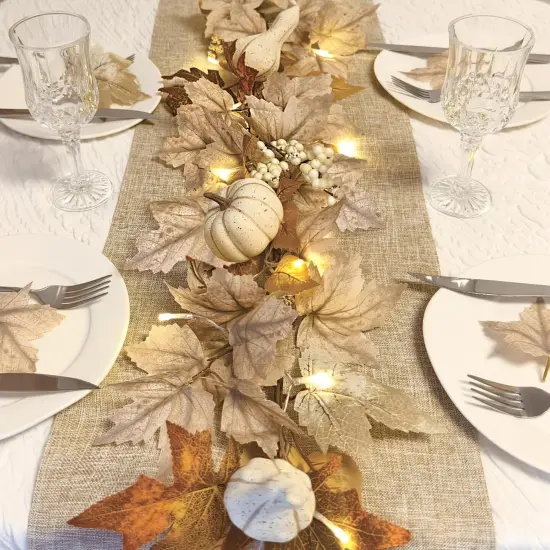 6Ft Fall Garland with Lights, Fake Pumpkin Berry Autumn Maple Leaves Garland - 1 Pcs White {6}
