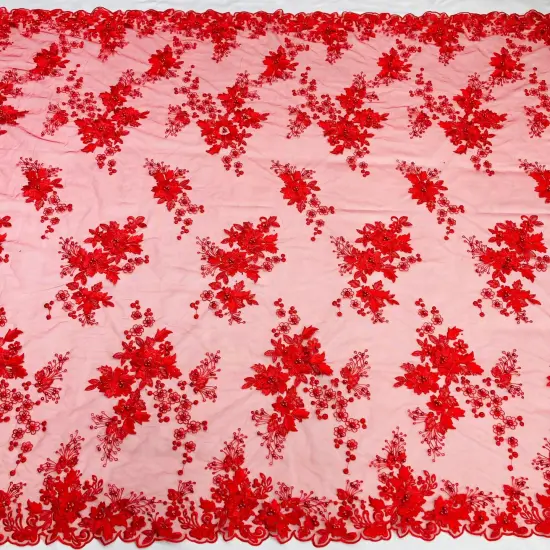 1 Yard Beaded Rhinestone 3D Floral Lace Fabric Embroidered Mesh Gown 52" Width Peach {5}