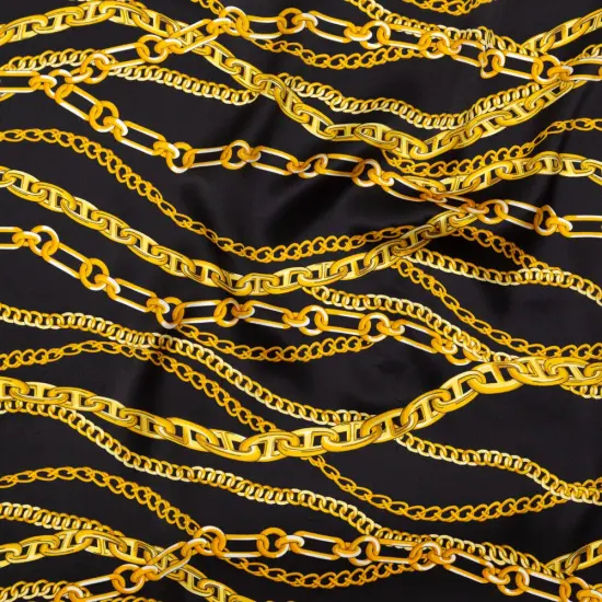 1 Yard Italian Black Bean and Gold Chains Digitally Printed Silk Charmeuse, 55 Inches Wide {1}