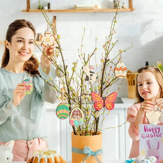 80PCS Wooden Easter Ornaments to Paint, 8 Styles DIY Blank Unfinished Wood Cutouts Ornament for Crafts Hanging Decorations, Egg Rabbit Bunny Butterfly Flower Hen Happy Easter {6}