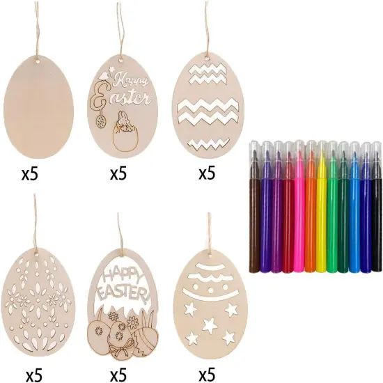 30 PCS Easter Wooden Hanging Ornaments Unfinished Wood Slices Eggs Easter Crafts for Kids DIY Easter Decorations Party Supplies Decor {6}