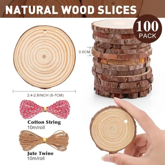 100 Pack Nature Wood Slices for Crafts,2.4-2.8In Unfinished Natural Wood Rounds.Wood Circles Predrilled with Hole and 20m Rope for Wooden Craft Supplies,Painting,Christmas Ornaments,DIY Gifts {5}