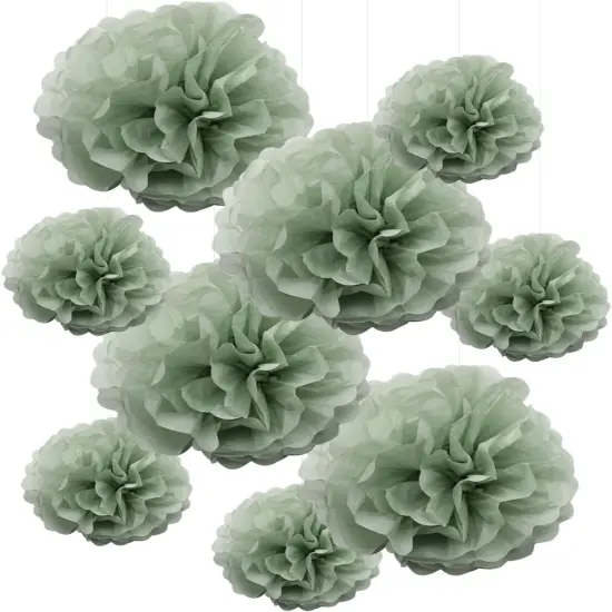 9PCS Dusty Sage Green Tissue Paper Pom Poms Flowers Wall Hanging Backdrop Streamers for Botanical Neutral Baby Shower Wedding Birthday Bridal Shower Nursery Room Garden D&eacute;cor {1}