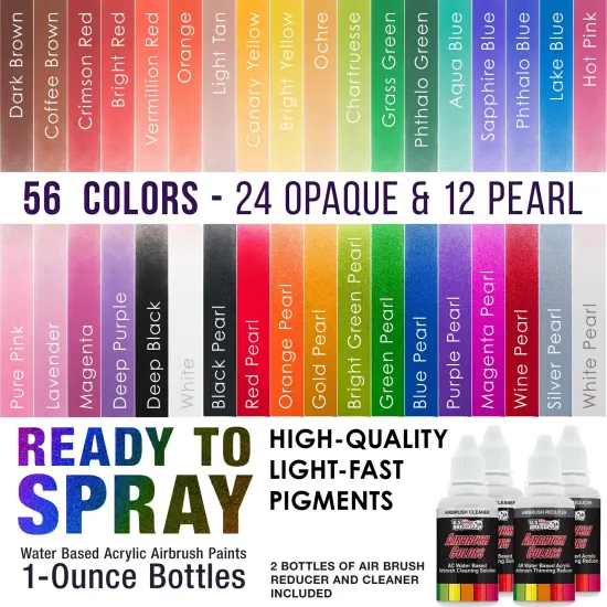 54 Color Acrylic Airbrush Paint Set; Opaque, Transparent, Pearl and Fluorescent Colors plus Reducer, Cleaner, Mixing Supplies & Color Mixing Wheel {2}