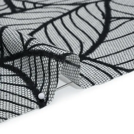 1 Yard Terrestrial Tesserae Cotton Crepe Fabric Black White Embroidered Leaves 53 inch Width {2}