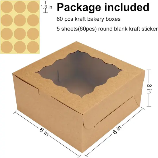 60 pcs Bakery Boxes with Window, 6 x 6 x 3 inches, Kraft Cookie Boxes Pastry Boxes for Baked Goods (Brown) {2}