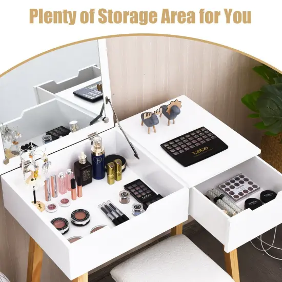 Costway Vanity Makeup Table Cushioned Stool Set W/Flip Top Mirror &1 Drawer Writing Desk {5}