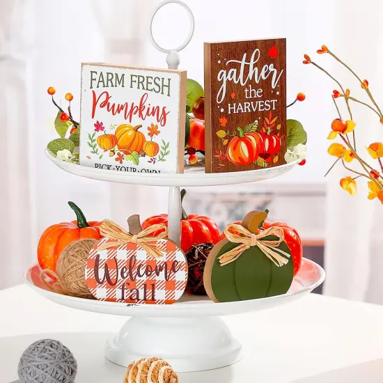 4 Piece Plaid Pumpkin Welcome Tabletop Signs Harvest Tray Decor {2}