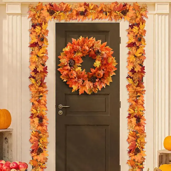 20 Inch Autumn Wreath with Pumpkins Maple Leaves {2}