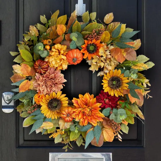 Pumpkin Sunflower Wreath with Peonies Berries - Fall Wreath {1}