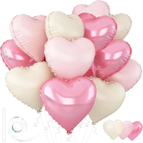 18inch Bright Pink Heart Shaped Foil Balloons & Pastel White Helium Mylar Balloon {1}