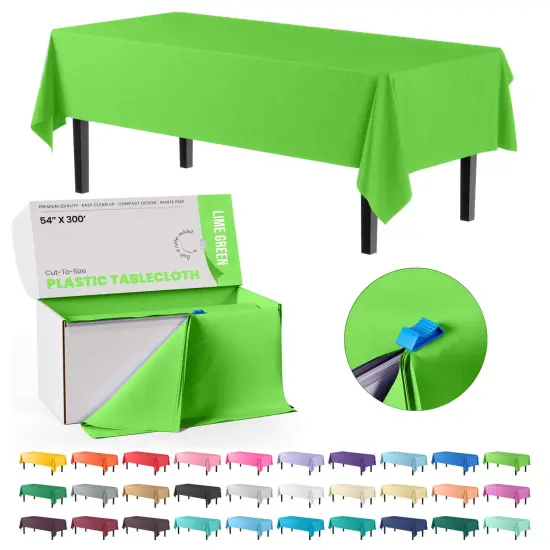  Party Solids 54" x 300' Plastic Table Cover Roll with Slide Cutter &ndash; Cut-to-Size Dispenser Box &ndash; Makes Up to 36 Disposable 8' Rectangle Tablecloths by Exquisite Lime Green {1}
