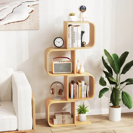 Costway 1/2 PCS 4-Tier S-Shaped Bookcase with 4 Open Cubes Geometric Corner Display Shelf {4}