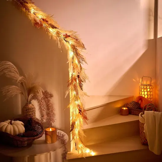 Fall Garland with Lights, 6ft Artificial Faux Pampass Grass {3}