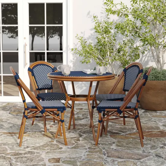 Merrick Lane Sacha Bistro Style Table with Glass Top, PE Rattan, 2 Stack Chairs, and Bamboo Finished Metal Frame for Indoor/Outdoor Use Navy&White/Natural {3}