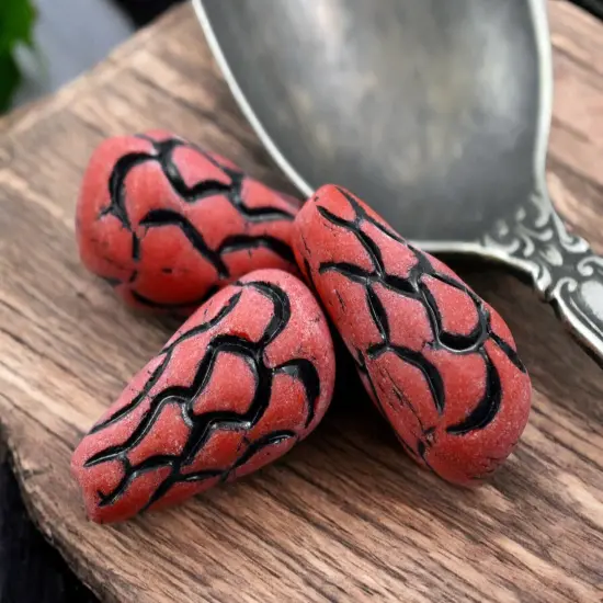 *6* 25x12mm Black Washed Opaque Matte Red Mermaid Scale Large Drop Beads {2}