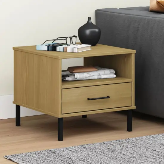 vidaXL Bedside Table with Metal Legs Brown Solid Wood Pine OSLO {1}